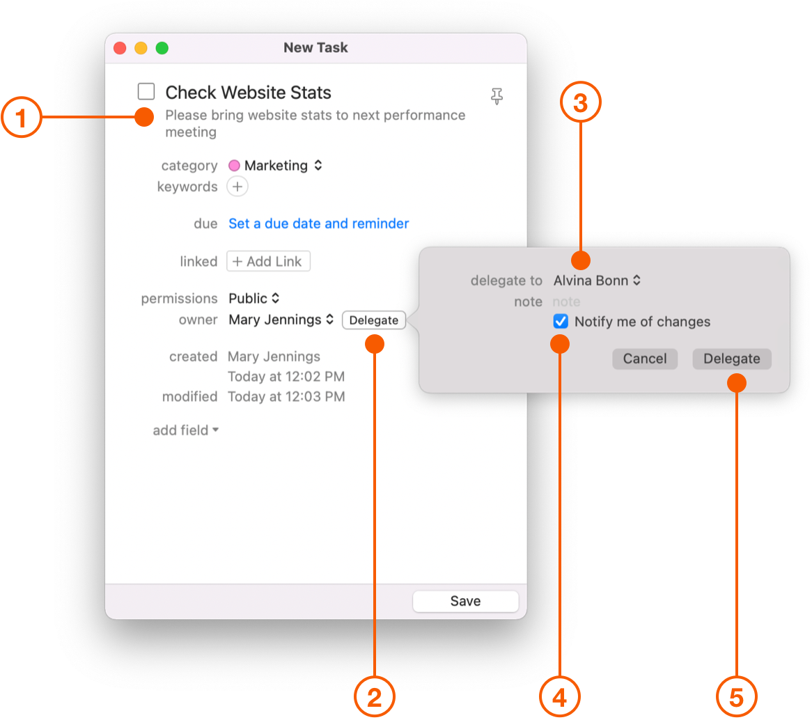 New Task window showing Delegate popover