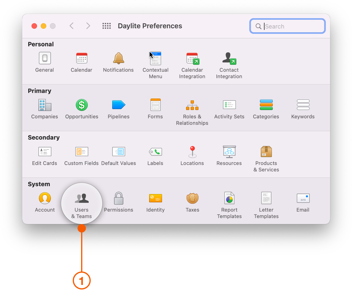 Daylite Preferences selecting Users and Teams