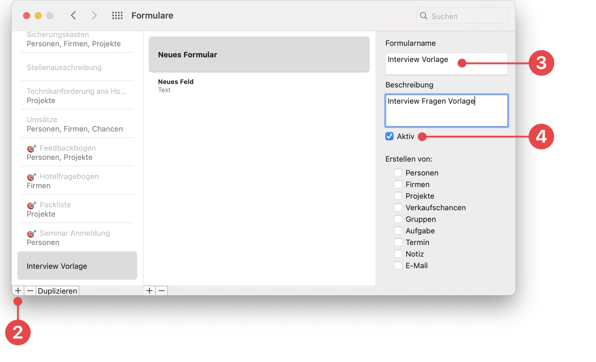 Forms preferences showing New Form template
