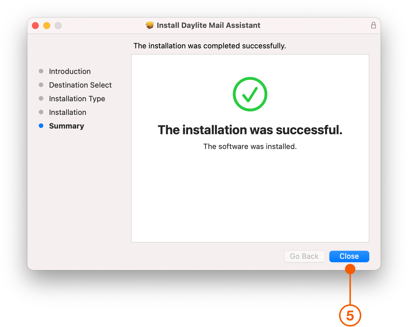 Daylite Mail Assistant Install window confirming successful installation