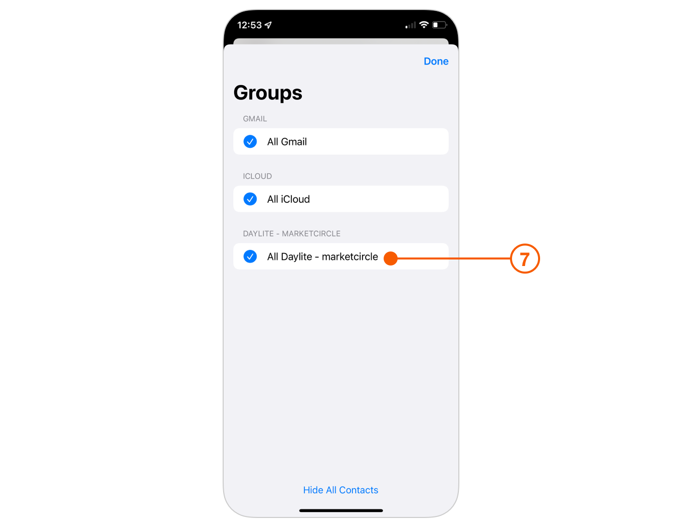 Contacts app Group screen selecting Daylite
