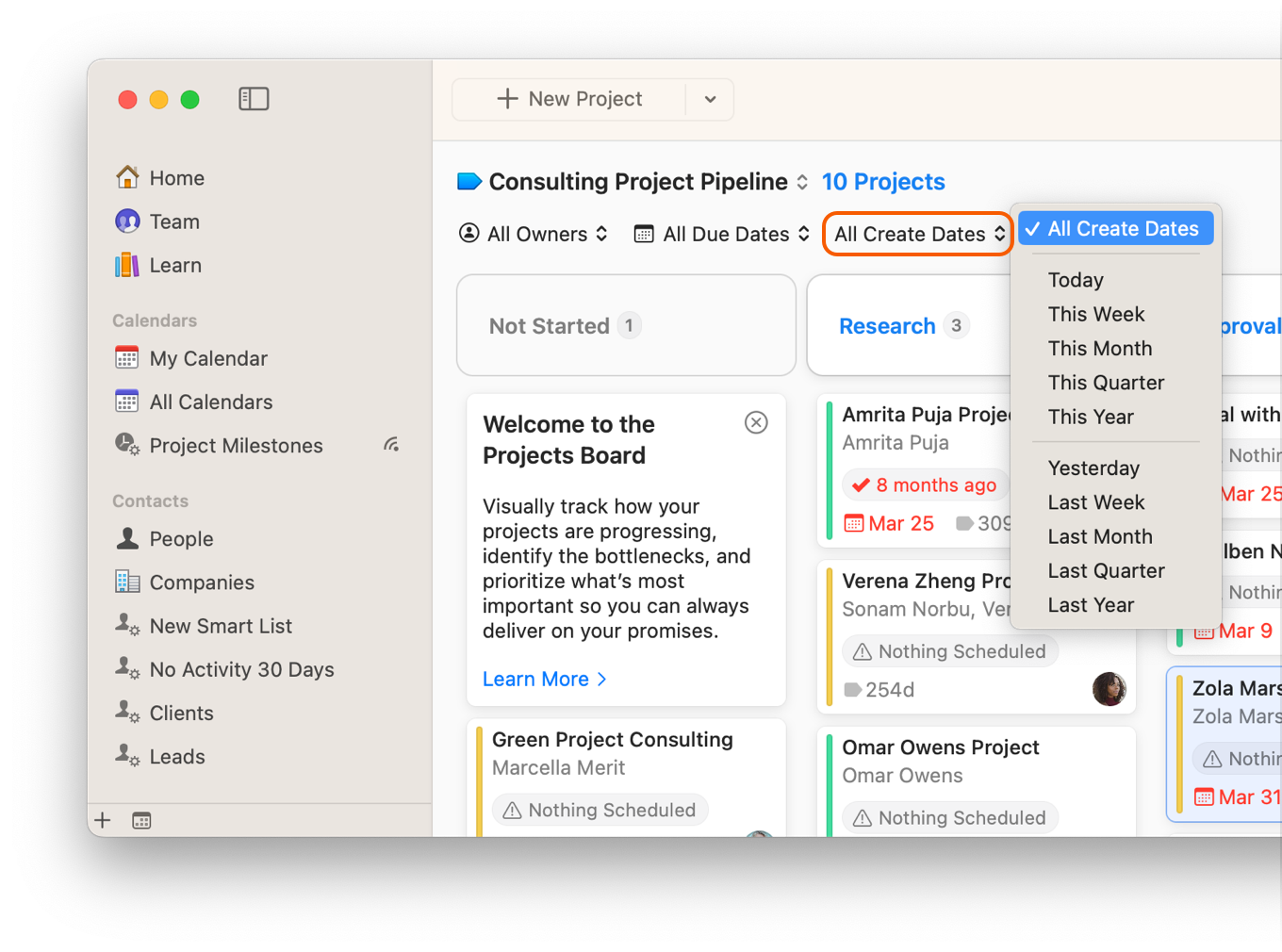 Projects Board showing filter by create date