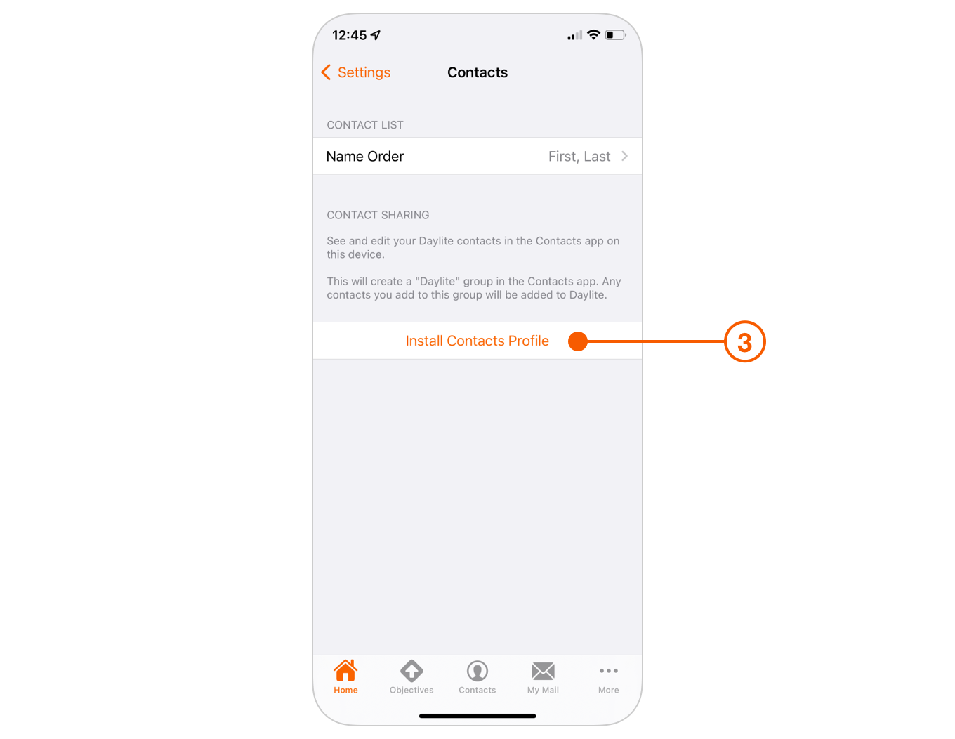 Contacts Settings selecting Install Contacts Profile