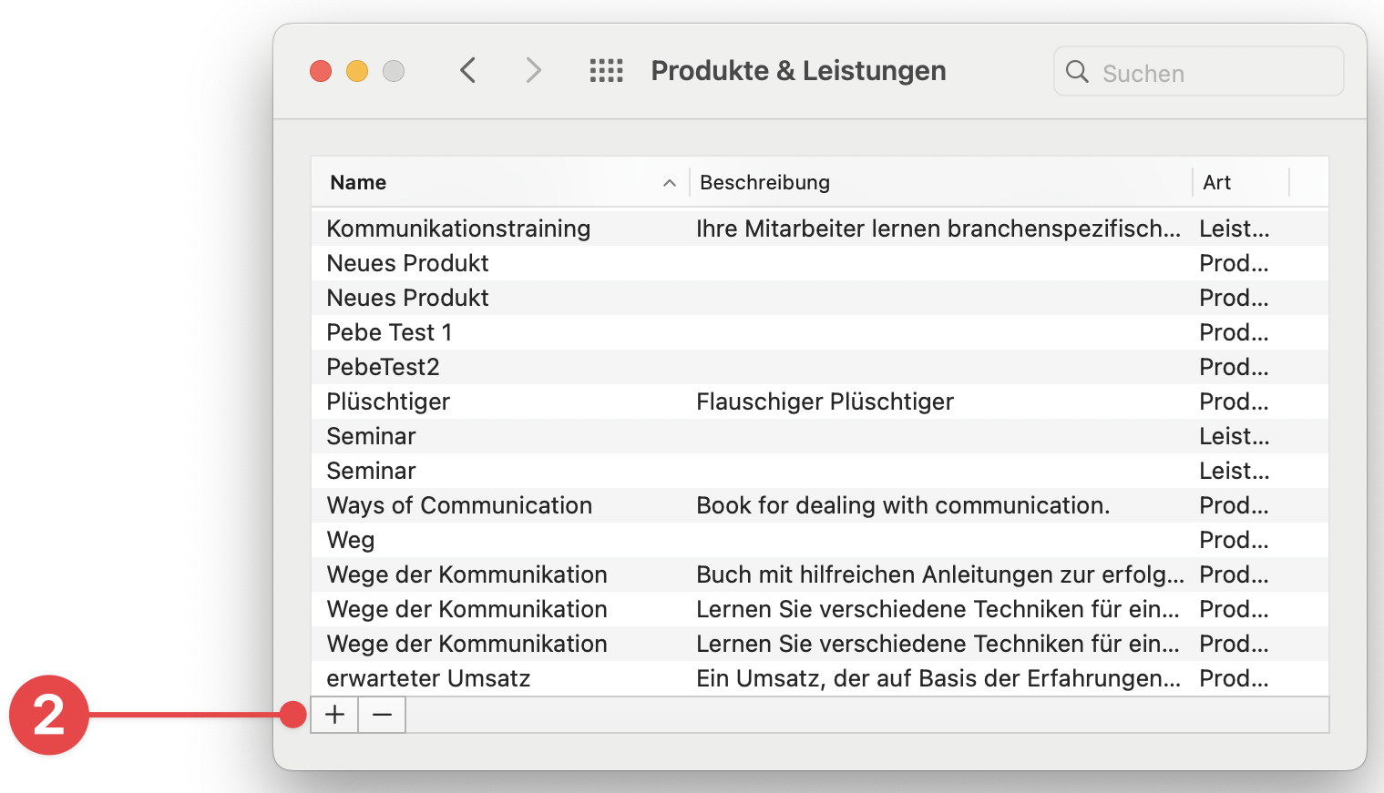 Products and Services screen selecting **+** button
