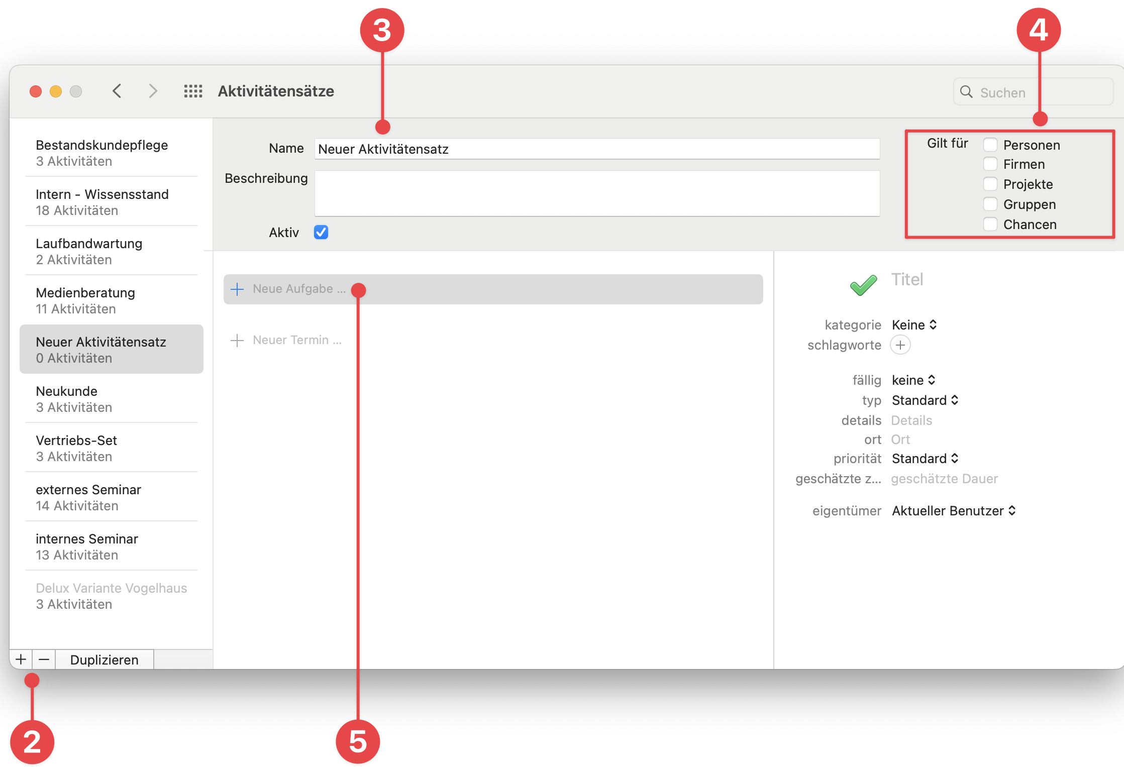 New Activity Set Window