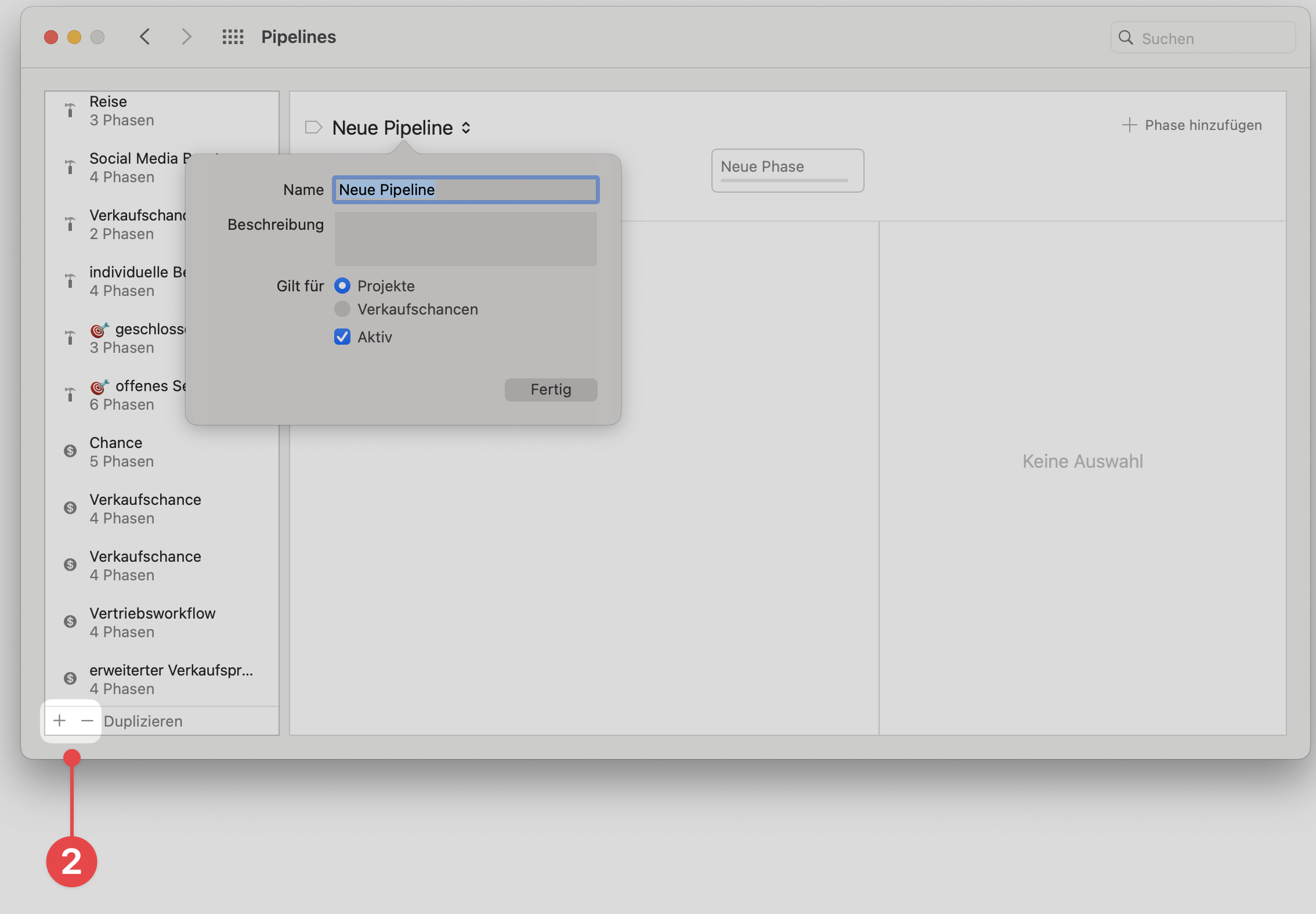 Pipelines window selecting plus button
