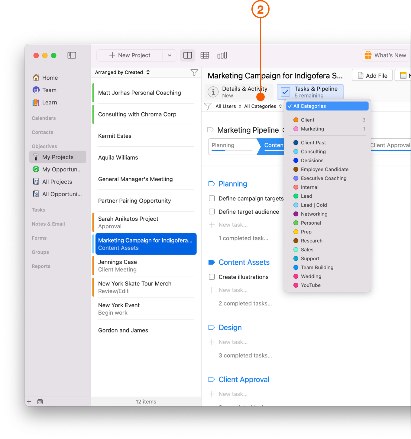 Tasks and Pipeline view showing Filter by Category or Keyword menu
