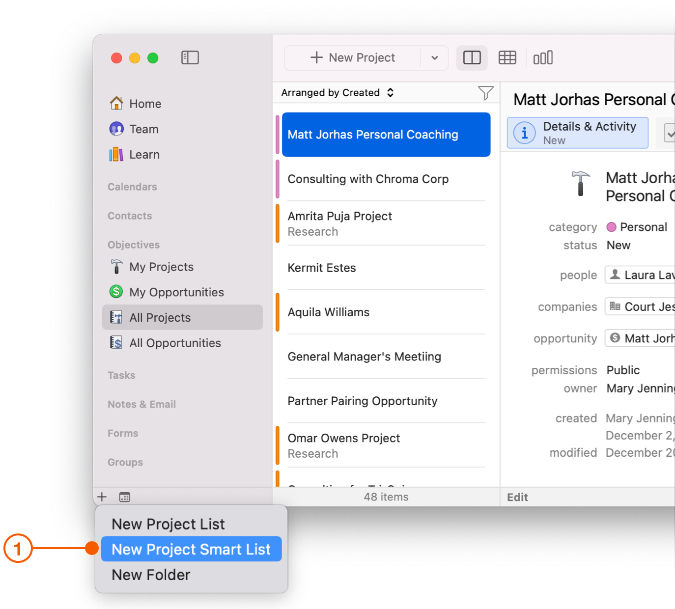 Plus button selecting New Project Smart List
