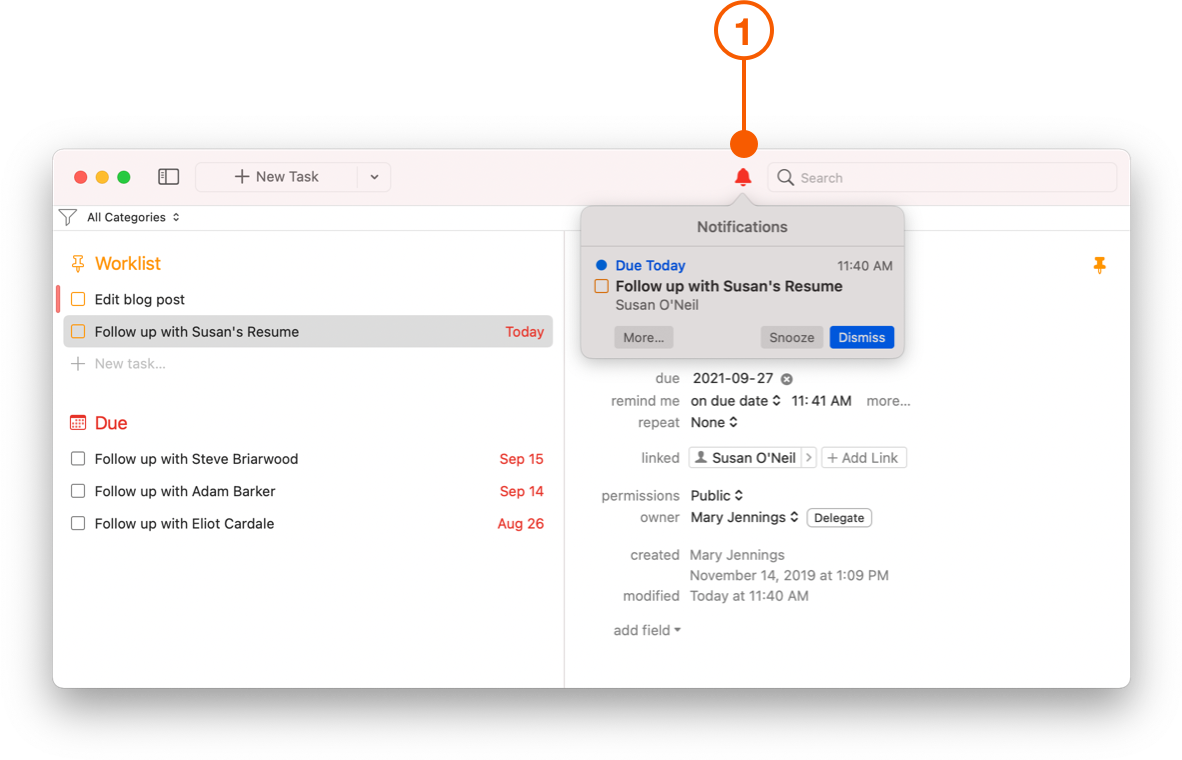 Daylite window showing Notifications popover