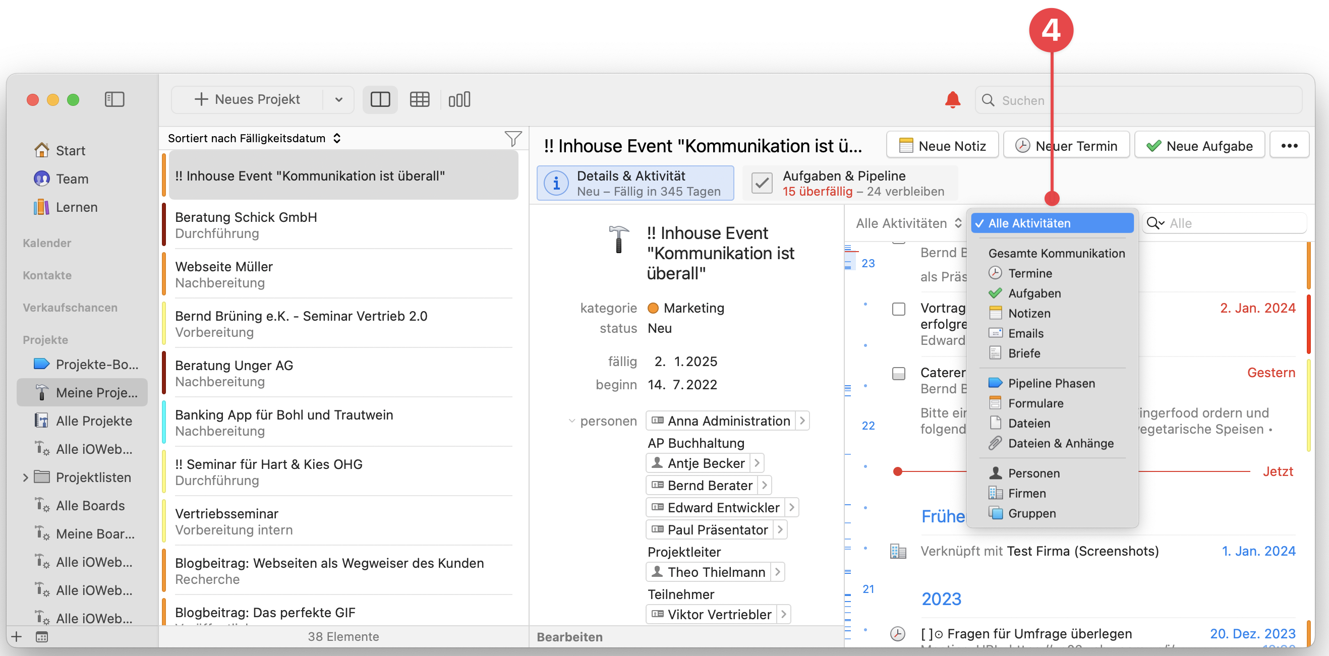 My Project View showing Activity filter