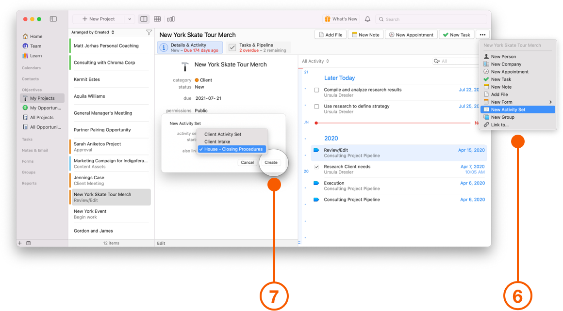 More Options button showing New Activity Sets menu