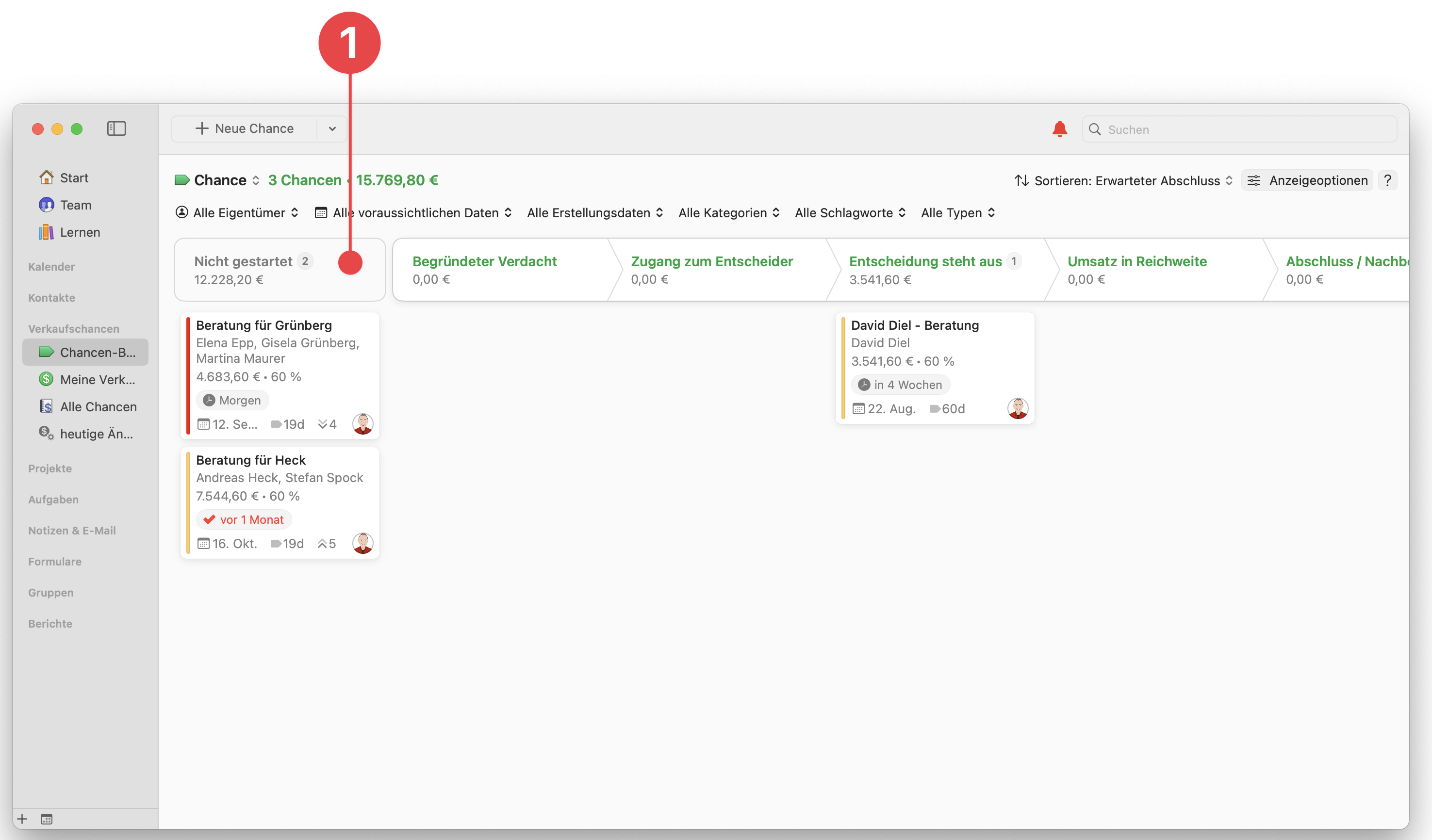 Opportunities Board showing Inquiry Stage