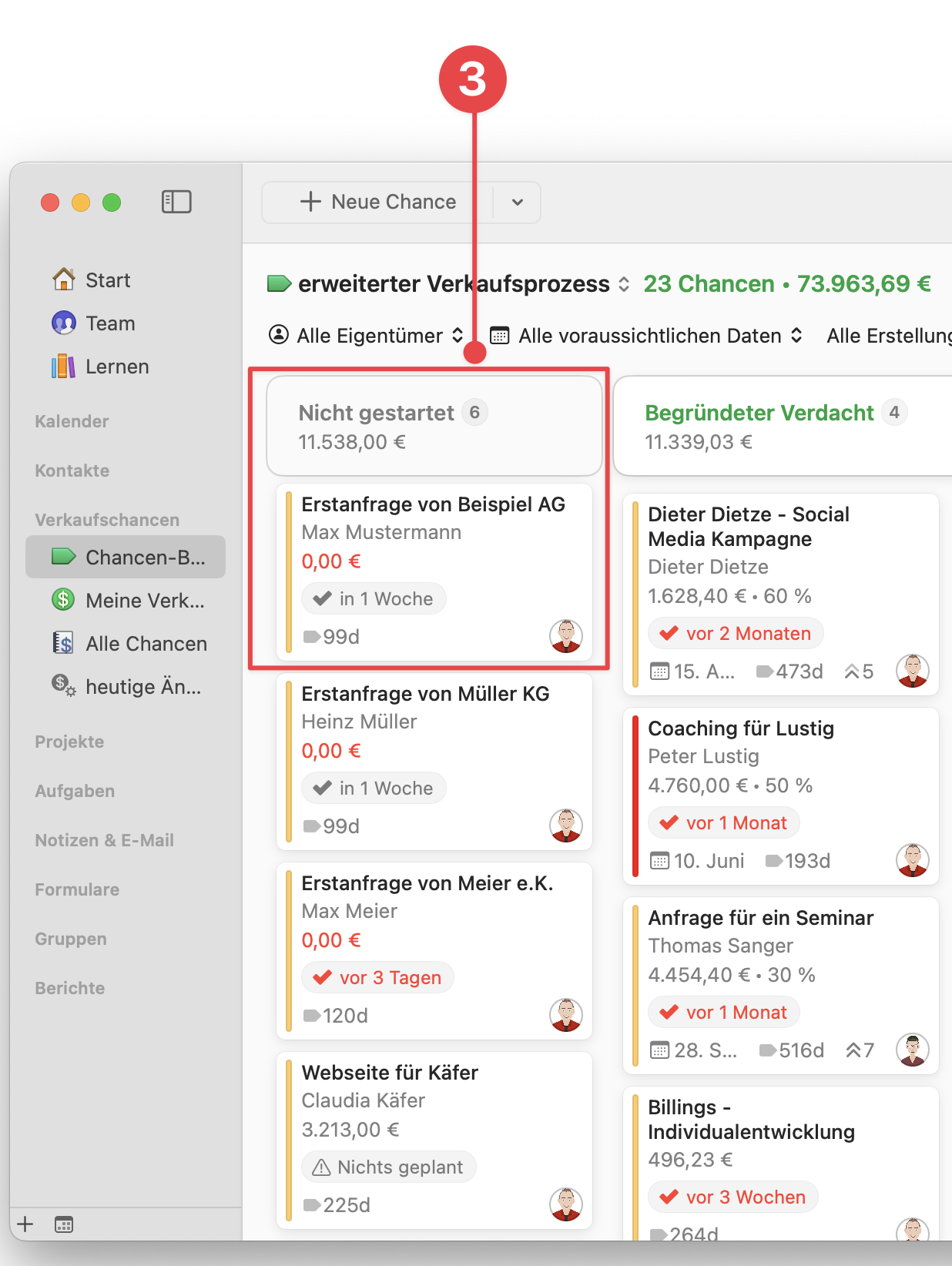 Not Started Stage showing New Opportunity