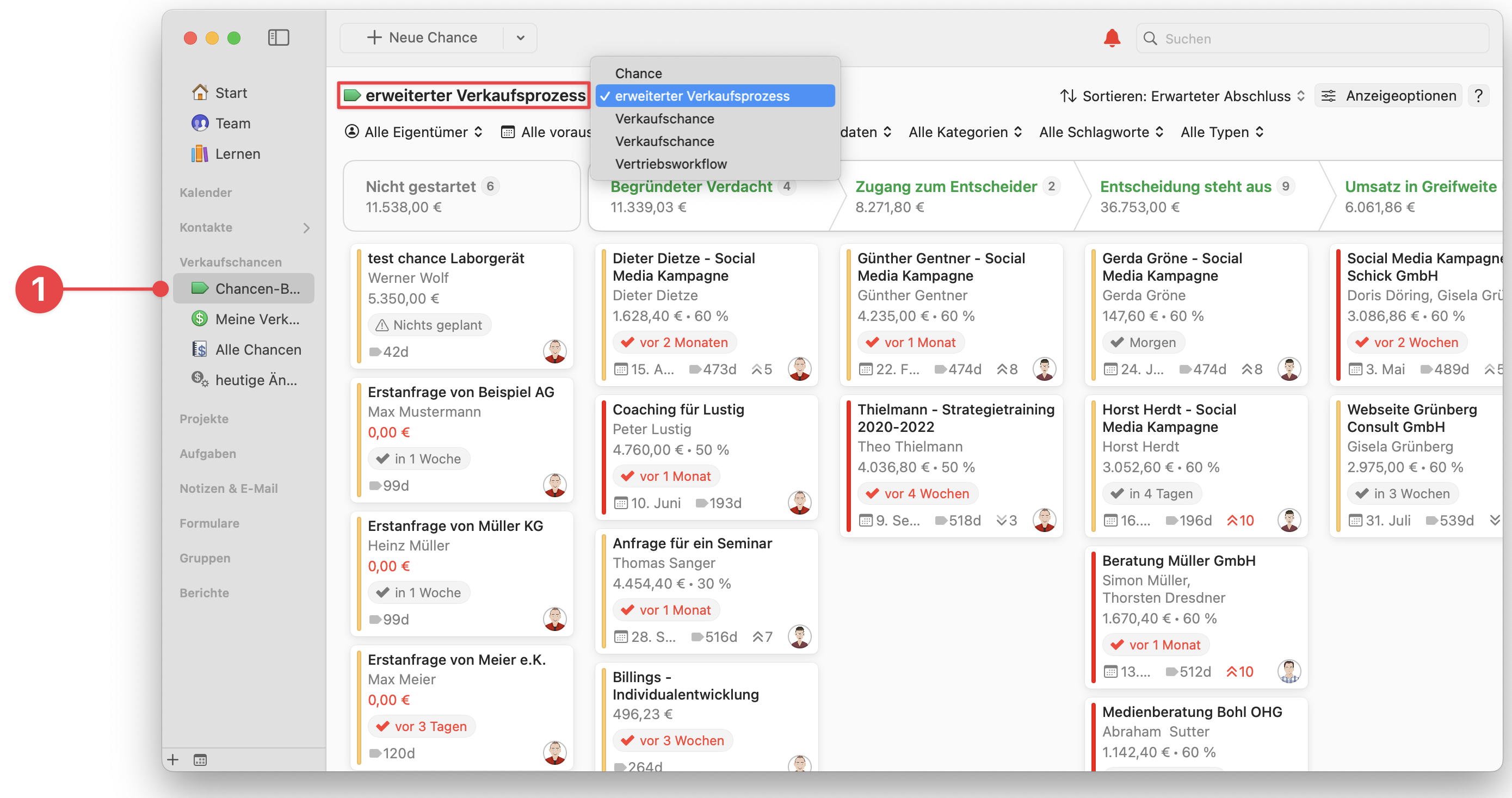 Opportunities Board showing Pipelines filter
