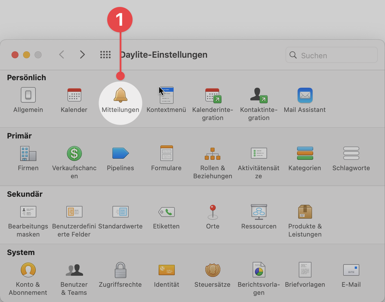 Daylite Preferences window selecting Notifications