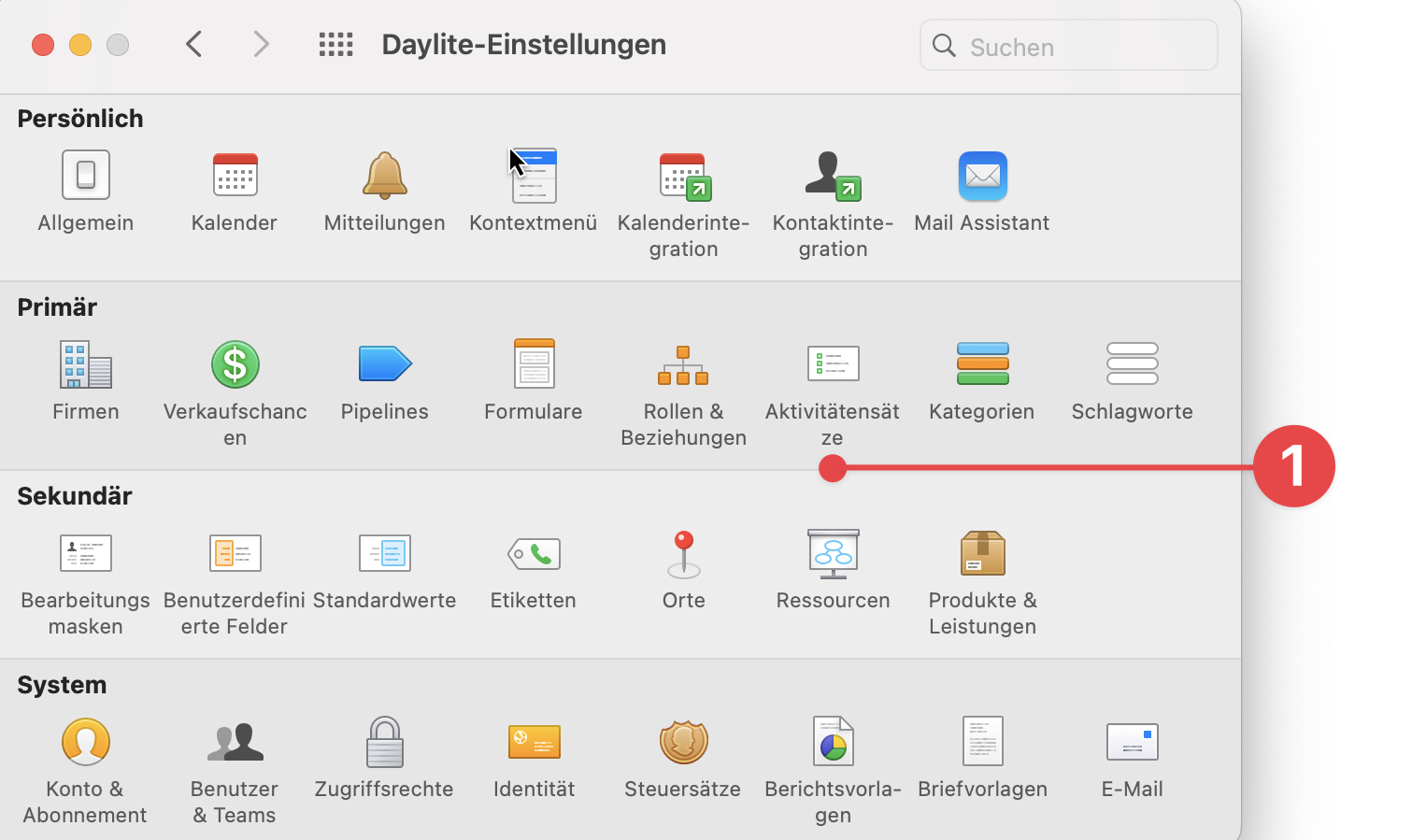 Daylite Preferences Screen selecting Activity Sets