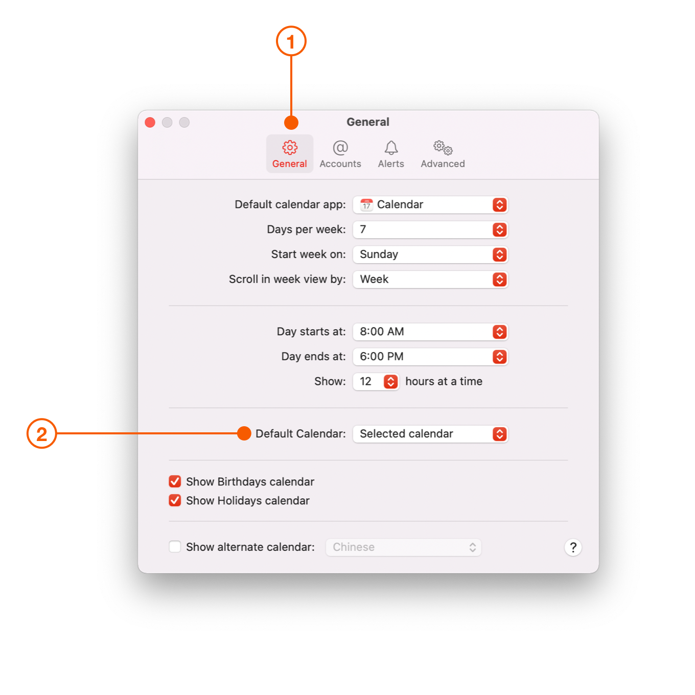iOS Calendar Settings showing Default Calendar