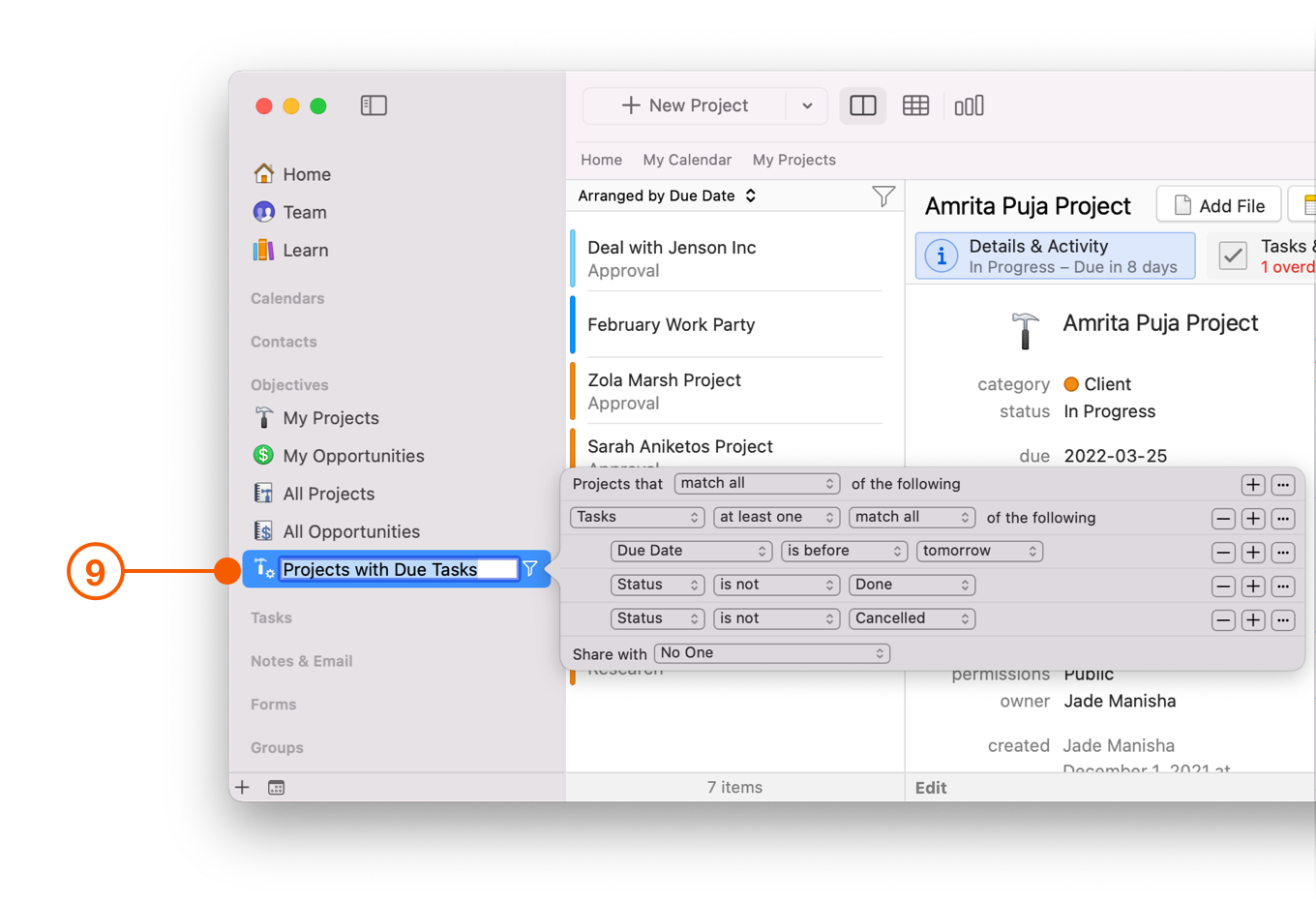 Daylite Sidebar showing Smart List