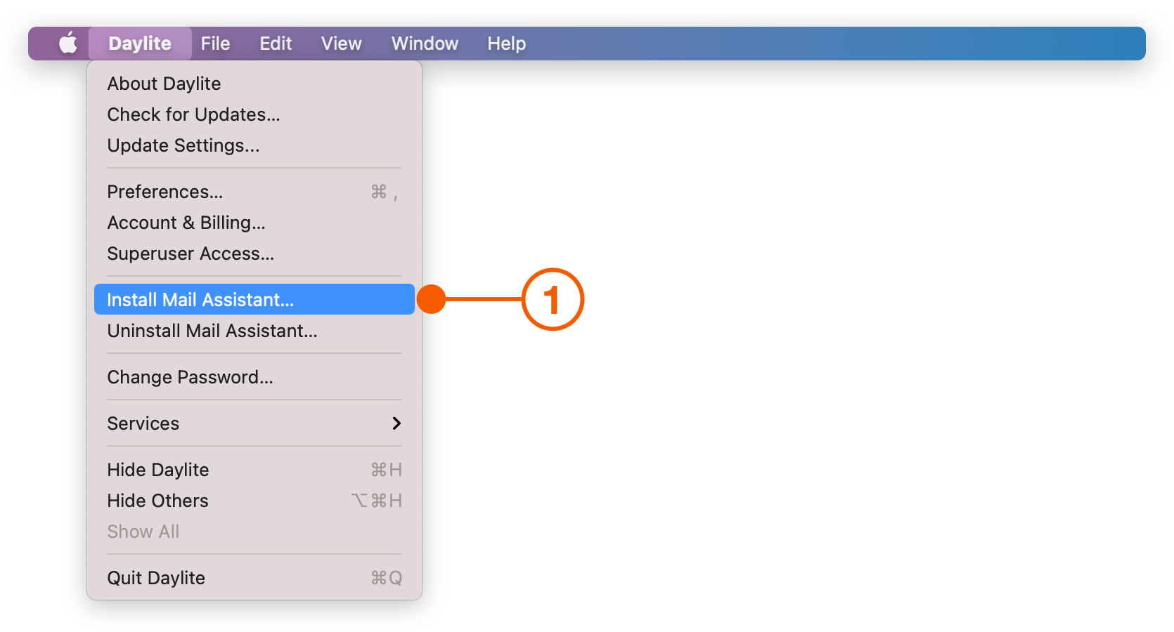 Daylite menu selecting Install Mail Assistant