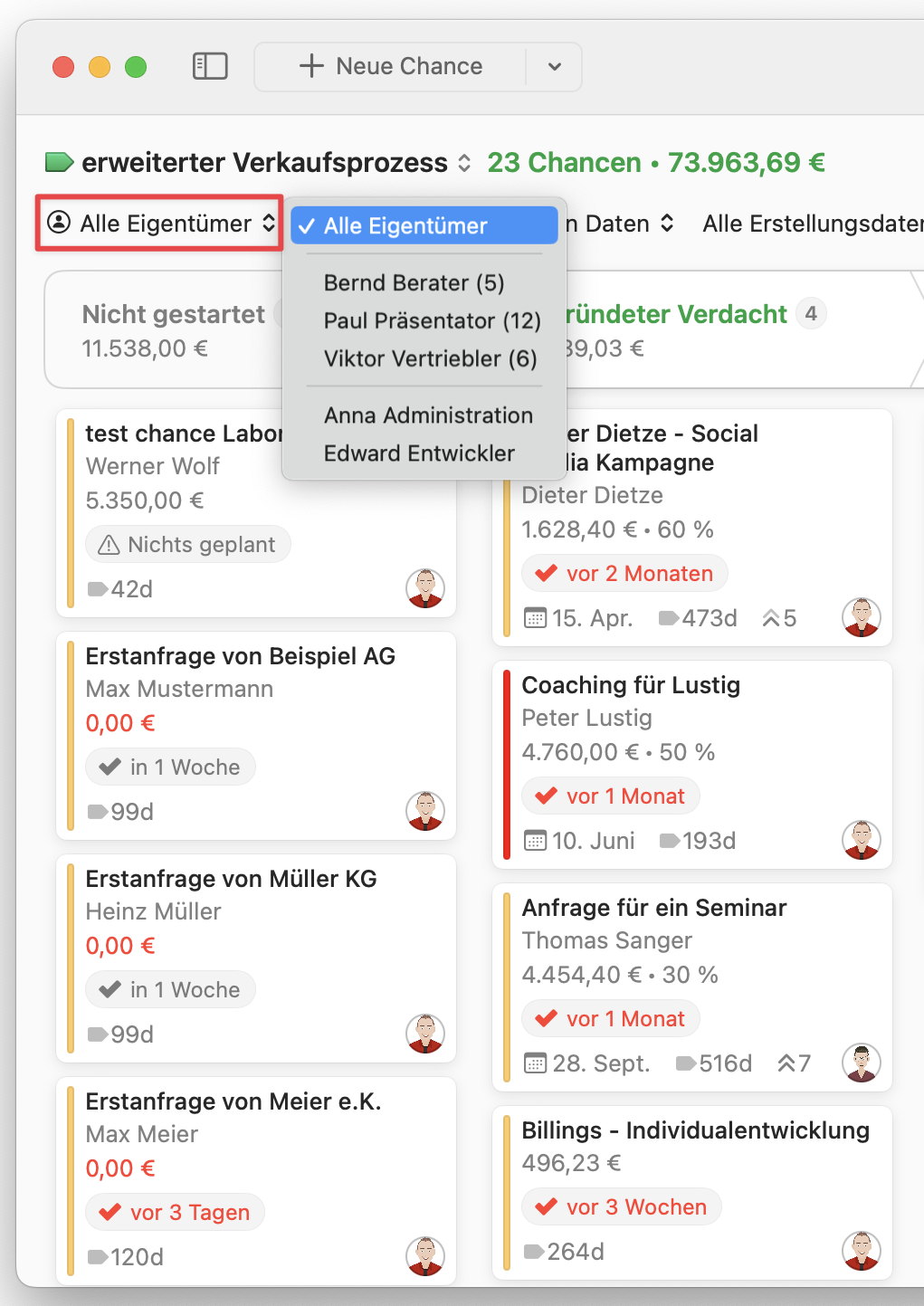 Opportunities Board showing Owners filter