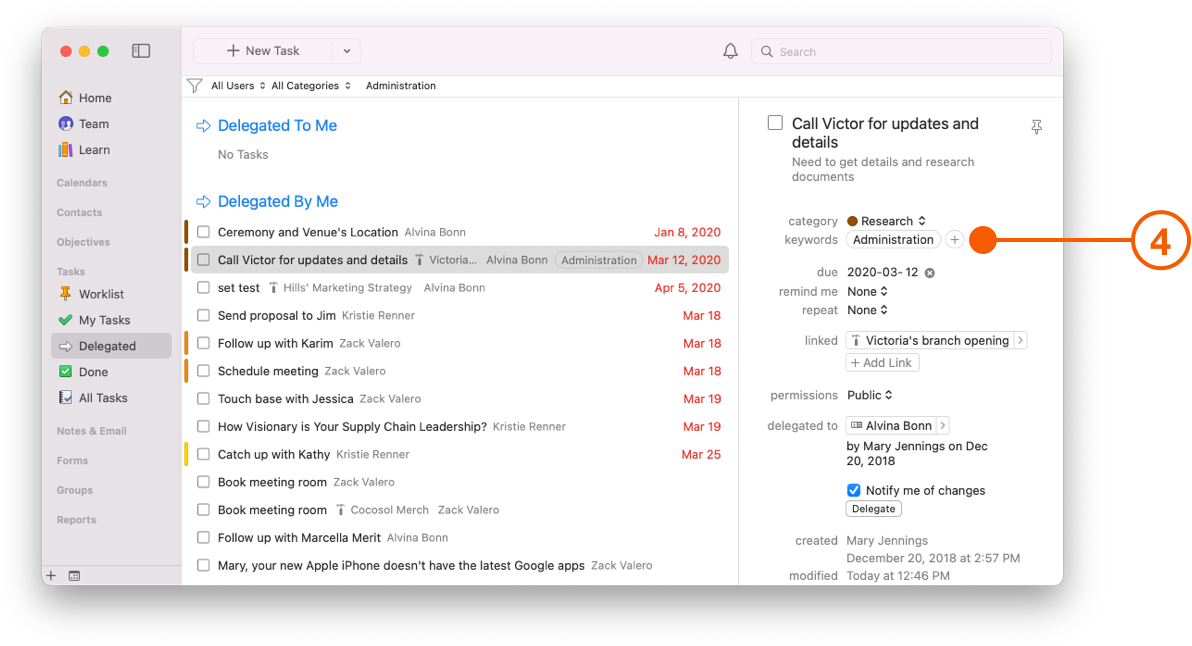 Delegated Task view showing Keywords