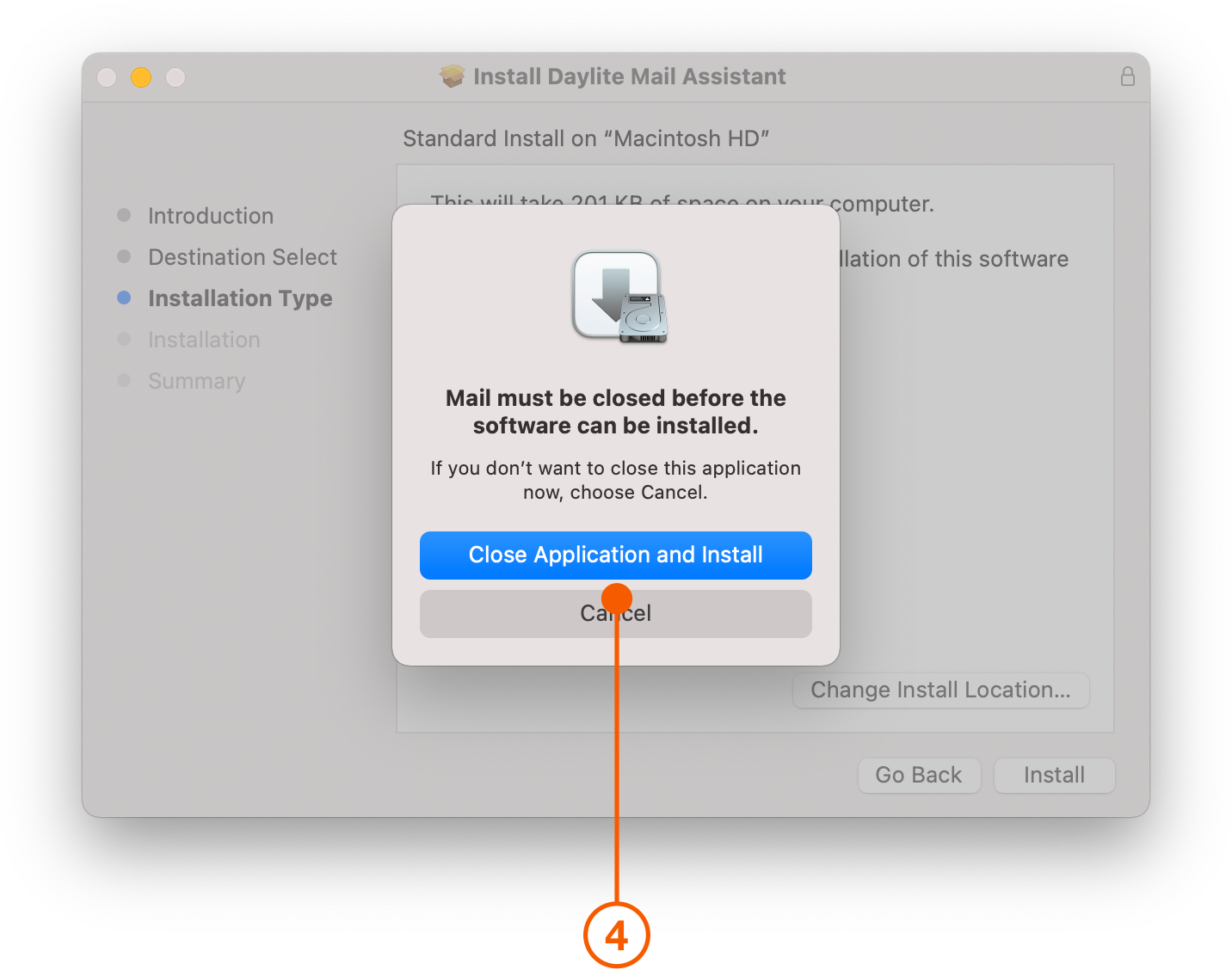 Dialog asking to close Mail before installing