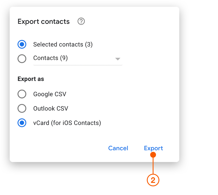 Google Contacts dialog showing Export options