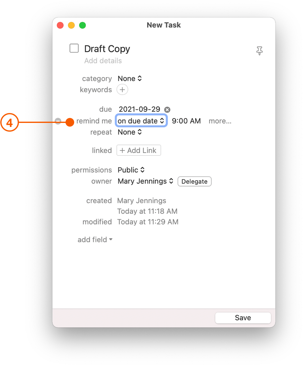 New Task window showing Reminder option